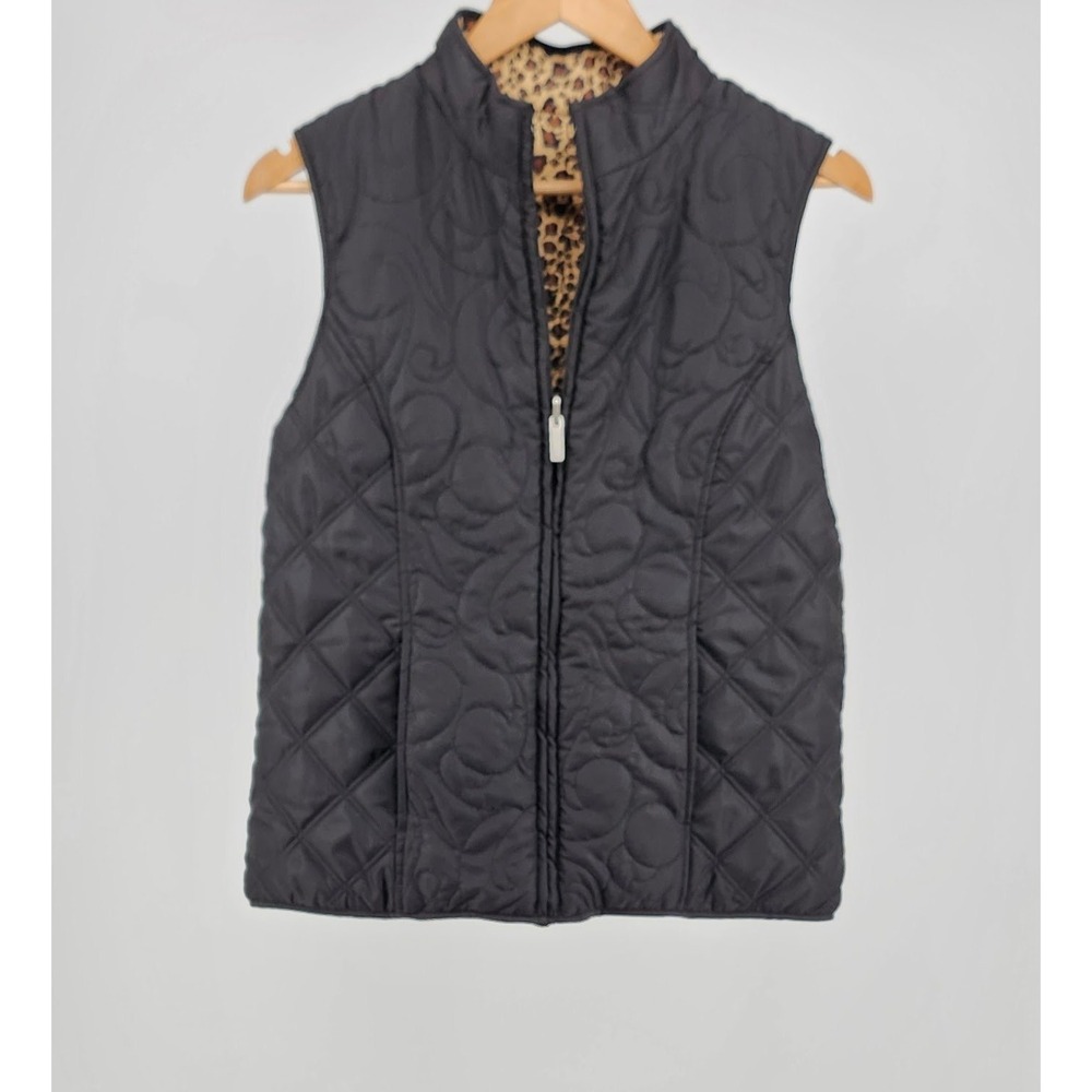 Westbound Reversible Quilted Vest Black Scroll Leopard Animal Print Women Medium